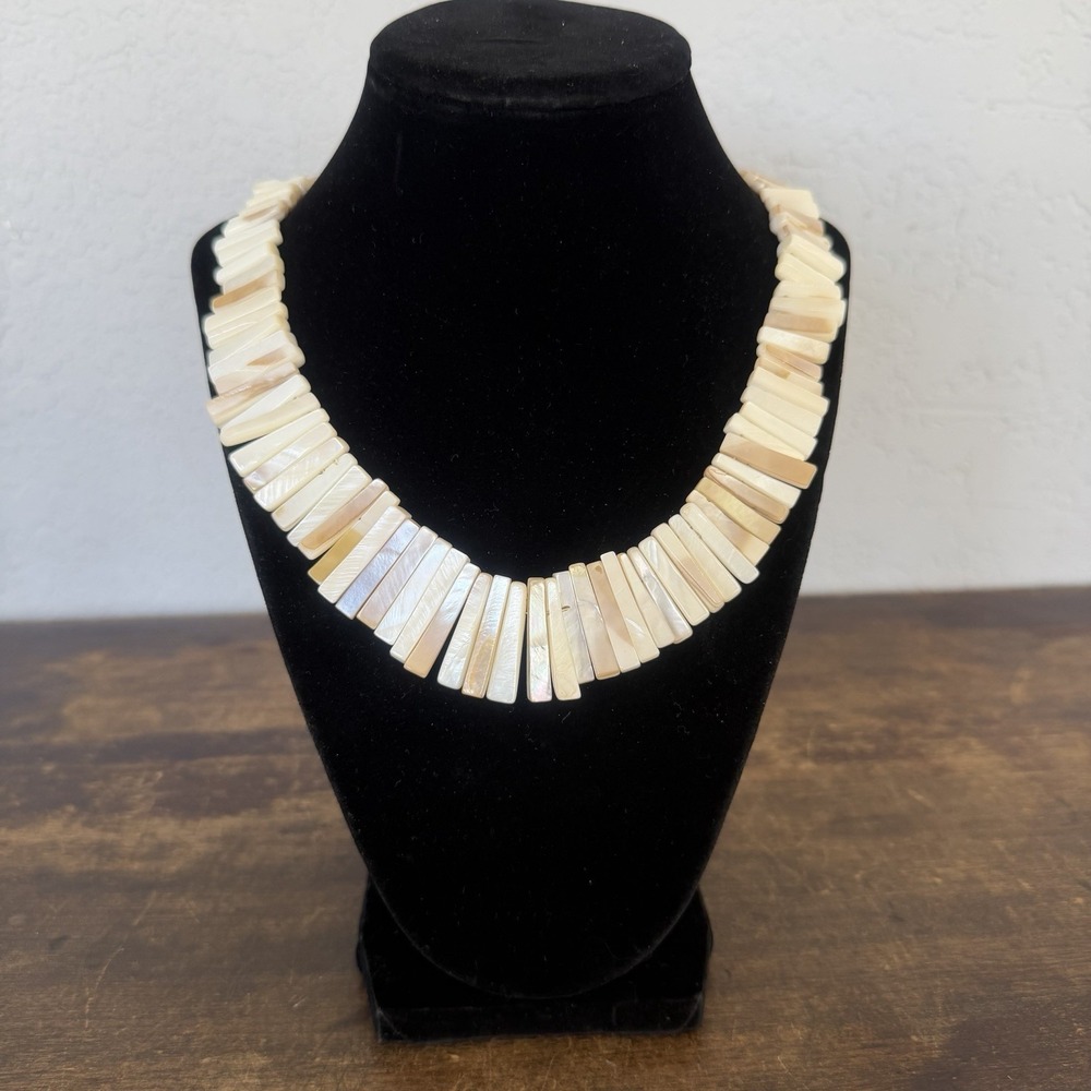 Vintage Mother Of Pearl Beaded Shell Bib Statement Necklace